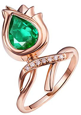 Ringe Frauen Rosegold, Ring aus 18 Karat Echtgold Rosen-Blume mit Lab Schuf Smaragd 1.2ct Größe 62 (19.7)