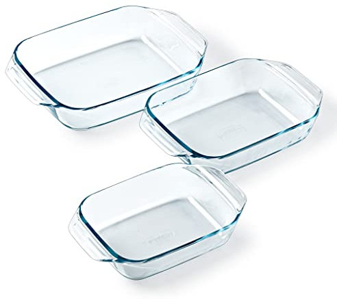 Pyrex - Set of 3 Rectangular Oven Dishes - Ideal for 2 to 6 People - 3 Sizes - Borosilicate Glass - Wide Handles - Extreme Resistance - Dishwasher Safe - Made in France