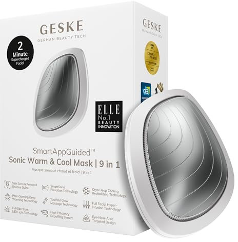 GESKE | SmartAppGuided™ Sonic Warm & Cool Mask | 9 en 1 | Máscara facial LED de belleza | Espectro LED completo y terapia de luz roja | Calor/frío | Mayor absorción de productosl | masajeador facial
