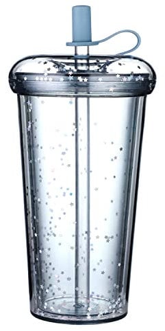 CUJIM Reusable Donut Straw Cup with Lid - 15oz Double Walled Plastic Tumbler Travel Iced Coffee Mug Clear Smoothie Milkshake Bottle Cold & Hot Drink Water Cup Bubble Tea Go Cup for Kids Adults - Blue