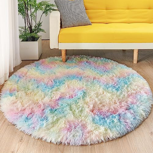 MARATIP Teppich Rund Schlafzimmer 120 cm Regenbogen Wohnzimmerteppich Hochflor-Teppich Waschbarer rutschfest Weicher Flauschige Modern
