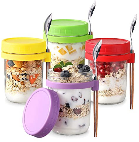 mumisuto 4 Pack Overnight Oats Gläser, 500ml Mason Jar mit Deckel & Löffel, Mehrzweck Overnight Oats Behälter, für Salat Joghurt Pudding Chutney Marmelade,Wiederverwendbare Müslibecher