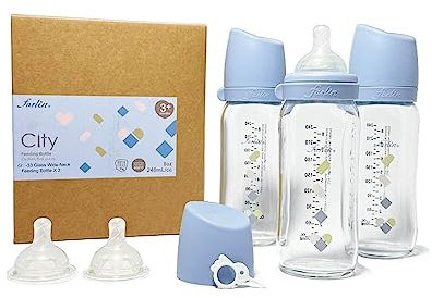 FARLIN Anti-Colic Glass Baby Bottles with Silicone Pacifier and Milk Powder Container, Thermal Resistant, BPA Free, for 3 Month+ Babies - (Agape, 8oz*3)
