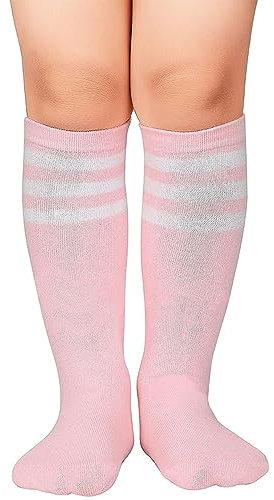 Zando Unisex Fußball Socken Kinder Sportsocken Tennissocken Baumwolle Kniestrümpfe für Jungen und Mädchen 3-6 Jahre Pink Weißer Streifen