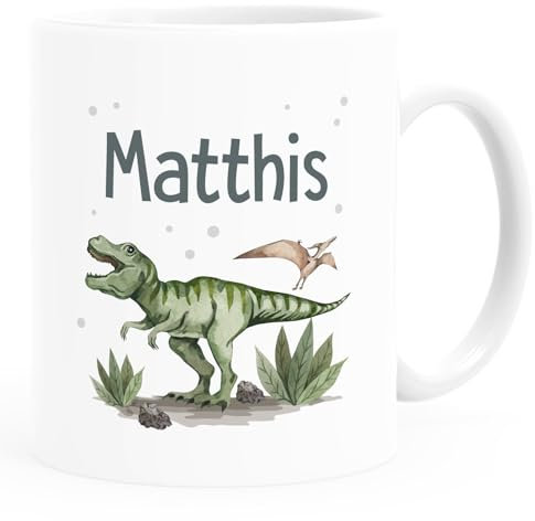 SpecialMe® Kindertasse Dino mit Namen personalisiert Dinosaurier Keramik Namenstasse für Kinder Jungen Mädchen weiß standard