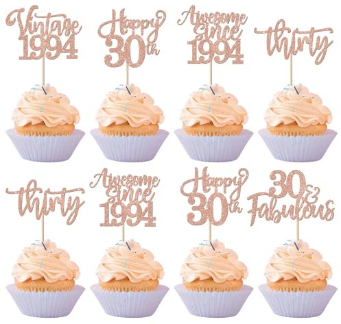 SYKYCTCY 24 Pack 30th Birthday Cupcake Toppers Glitter Blue Thirty 30 Fabulous Vintage 1996 Cupcake Picks Cherrs to 30 Years Cake Decorations for 30th Birthday Anniversary Party Supplies