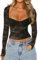 ZZLBUF Sexy Crop Floral Lace Sweatheart Neck Tops for Women Long Sleeve Slim Fitted Low Cut Shirt Y2k Going Out Streetwear (Black, S)