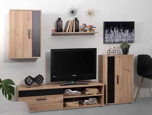 Homely - Mueble de Salón Modular Ibiza Black | Conjunto 4 Muebles | Muebles Salón Completo | Mueble para Televisión + Mueble Bajo + Mueble Alto + Estantería Alta | Color Roble Nudoso y Negro