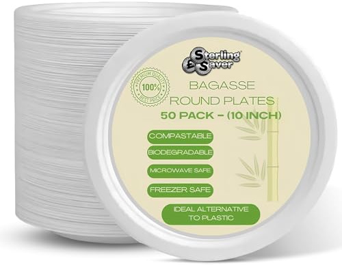 Sterling Saver 10 Inch White Bagasse Paper Plates 50 Pack | biodegradable and compostable material, hot and cold food suitable, clean white finish, convenient party supply