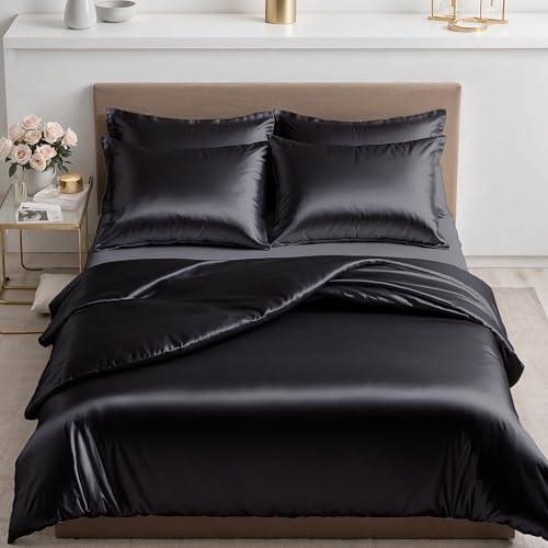 Cozyor Set biancheria da letto in satin 135x200 extra spessa e morbida con robusta cerniera Fodera per cuscino 80x80 cm, elegante satin 2 pezzi, nero Eclipse