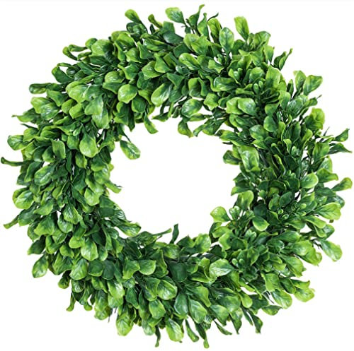 Yeory Artificial Green Leaves Wreath Boxwood Hanging Plastic 15 Inch Greenery for Front Door Wall Window Wedding Party, Farmhouse Wreath