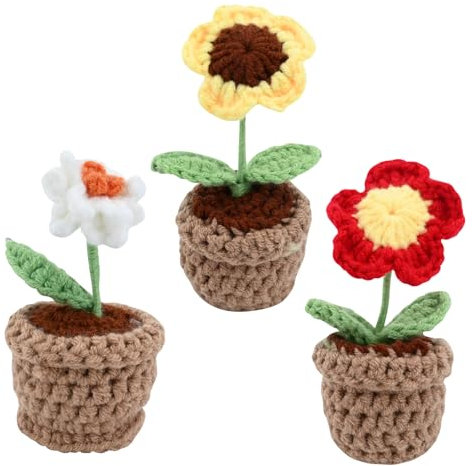 3Pcs Handmade Crochet Flowers Pot - Hand Knitted Sunflower Flower Basket For Decorating Rooms, Home Office, Desktop, Cars, Family (A)