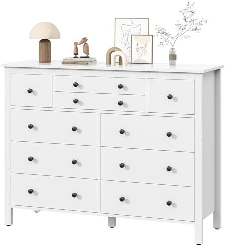 yacchi home 120CM Kommode mit 10 Schubladen Kleiderschrank für das Schlafzimmer, Langer Schubladenschrank mit Tiefen Schubladen, Moderner Holzerner Speicherkleiderschrank (weiß)