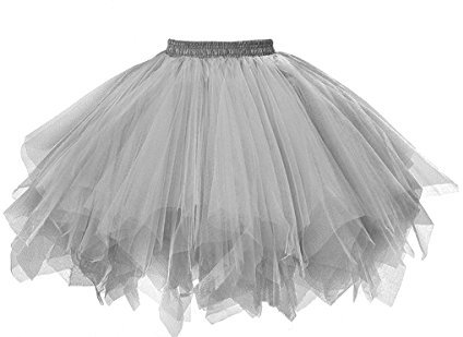 GOOBGS Damen 50er Ballettrock Multi-SchichtenVintage Ballet Blase Firt Tulle Petticoat Puffy Tutu Silber Medium