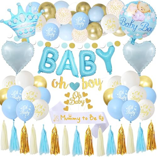 Xietaea Babyparty Balloon Deko Junge - 56 Stück Baby Shower Deko Set mit Oh Boy Banner, Mummy to Be Schärpe, weiß Blau Luftballon Girlande, Luftballons Dekoration Babyparty Junge