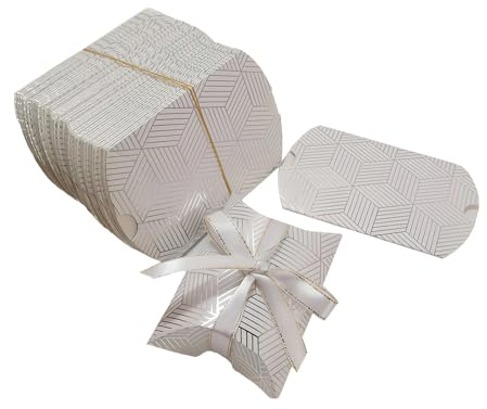 50 Stück Mini-Kissen Süßigkeiten Boxen aus Kraftpapier mit Band - Hochzeit Gastgeschenk, Schmuckverpackung, Seife Verpackung, Party Deko (Silberstreifen)