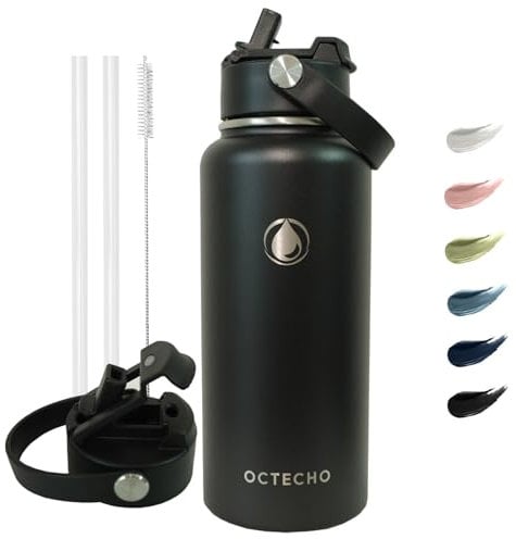 OcTecho Insulated Water Bottle 950ml,Stainless Steel Water Bottle with Straw, 2-in-1 Leakproof Lid, Double Vacuum Metal Bottle for 12h Hot & 24h Cold Drinks, BPA Free-Black