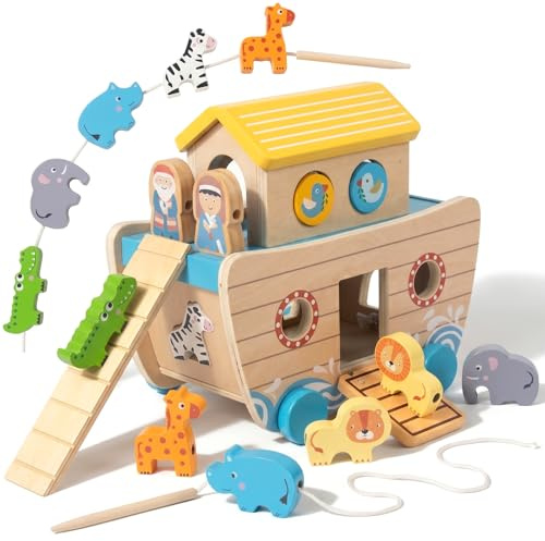 Holz Noah's Arche Spielzeug Montessori Tierseil Klassifikation Stapeln hölzerne ziehen entlang Kleinkind Spielzeug 1 2-3 Jahre alte Kinder Geschenk