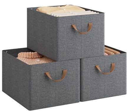 WOLTU ABB10gbn-3-UK Foldable Storage Boxes Set of 3, Fabric Storage Cubes with Handles, Stacking Boxes for Clothes and Toys, Grey, 42 x 32 x 26 cm