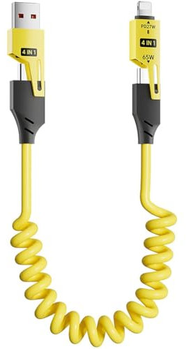 4 in 1 Spring Fast Charging Cable, 65W USB-C PD Multi Fast Charging Cable, Coiled Retractable Charging Cable for iPhone Samsung Laptop (Yellow)