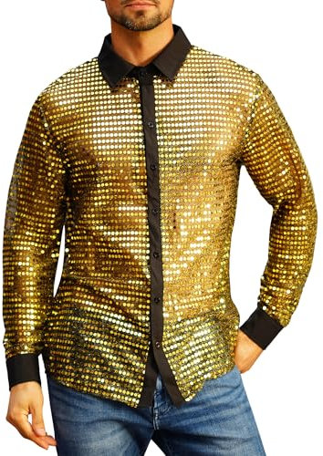 FYMNSI Herren Pailletten Langarm Hemd 70er Disco Party Kost�m Slim Fit Button Down Gl�nzend Kleid Shirts Durchsichtig Nachtclub Top Freizeithemd 80er Jahre Outfit Karneval Fasching Oberteil Gold L
