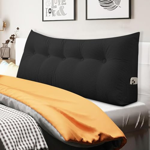 JIcloun Rückenkissen Keilkissen für Bett und Sofa, 80 cm Schwarz Bequem Wandkissen Bett - Seitentaschen, Waschbarem Bezug - Lesekissen ist ideal zum Anlehnen im Sofa/Bett
