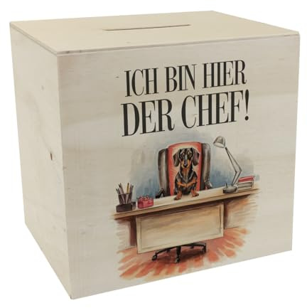 Hier ist der Dackel der Chef Spardose aus Holz - Dackel auf Bürostuhl Lustige Sparbüchse für Bürohund-Fans