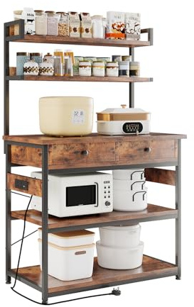 Flrrtenv 5-Tiers Bakers Rack, Kitchen Storage Shelves with 2 Drawers, Coffee Bar with Power Socket, Kitchen Storage Unit Metal Frame & Wooden Board, 42 x 80 x 148 cm, Rustic Brown