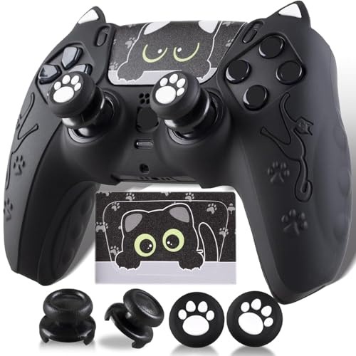 PlayRealm 1 x cover adesiva in silicone e 2 impugnature di estensione per controller PS5, motivo: gatti, colore: nero