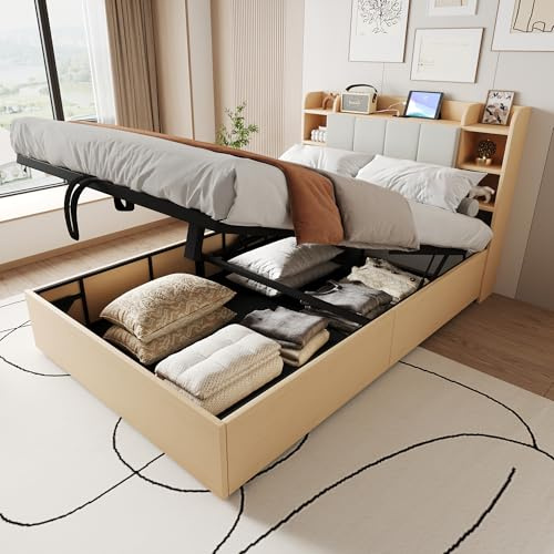 Zravenna Doppelbett 140x200 cm mit Stauraum, Holzbett mit Stauraum, Kopfteil mit Staufächern, Bett mit Holz Lattenrost, Moderne Schlafzimmer Jugendbett, Ohne Matratze. (Holzfarbe)