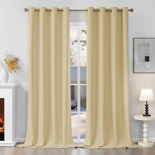 Runyéla Verdunklungsvorhänge mit Ösen Gardinen, Thermovorhang Hitzeschutz | 2er Set, H245xB140 Beige Vorhang Blickdicht, UV-Schutz Sichtschutz Schalldämmung Blackout für Schlafzimmer Wohnzimmer