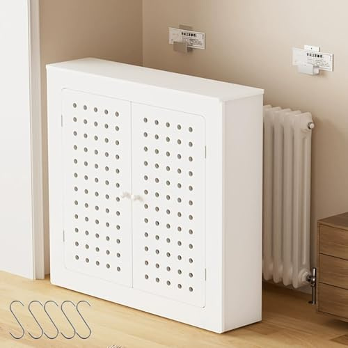 Cache Radiateur Blanc Maison, Cache-radiateur avec Panneau Perforé de Rangement, Cache-tuyaux Encombrants, Armoire de Chauffage pour Chambre et Salon(70x70x25cm)