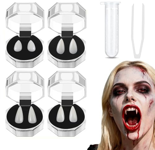 Halloween Vampire Teeth, 4 Pair Vampire Teeth Fangs with Adhesive, 4 Size Fake Teeth Set for Halloween Costumes Cosplay Props, Scary Vampire Teeth for Adults Teens (13/15/17/19mm)