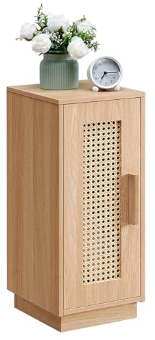 OCTTZ Rattan Nachttisch, Schmaler Nachtschrank aus Holz mit 2 Fächern und Magnetischer Tür, Boho Nachtkommode 25x30x60 cm, Beistelltisch für Schlafzimmer, Wohnzimmer, Kleine Räume