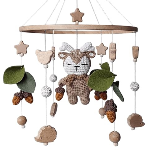 Handgemachtes Baby Mobile mit gehäkeltem Reh – Wald Babyzimmer Deko mit Holzperlen, Filzblättern & Eicheln – Natur Kinderbett Mobile – Neugeborenen Geschenk