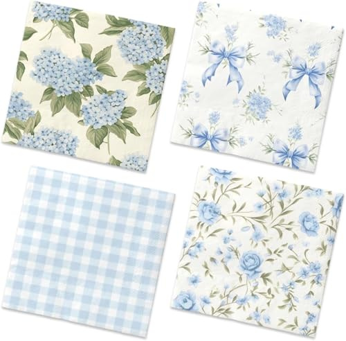Kotkiddy 40 Stück Blumenservietten – Blau Weiße Vintage Flower Partyzubehör, eine Serviette mit 4 Mustern, Vintage Blumen Teeparty Dekorationen für Geburtstage, Babypartys, Teeparty