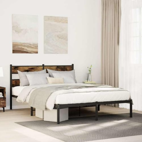QJBSAVVA Metallbettgestell 140x190 cm Schwarz Räuchereiche Lattenrost Jugendbett Jugendzimmer Robustes Ehebett Doppelbett Stauraum Schlafzimmer