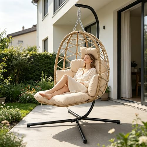 Silla Colgante con Estructura, Silla Colgante Huevo con Reposapiés, Desmontable Cojines Gruesos, Sillon Colgante para Interior & Exterior, Egg Chair Jardín, Balcón, Terraza, Hasta 150 kg - Beige