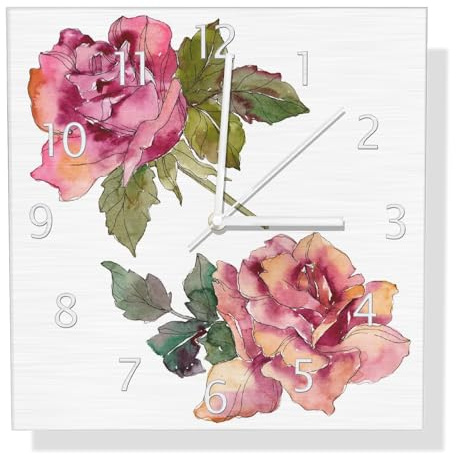Wallario Design Wanduhr Rosen im Aquarellstil aus Aluverbund, Alu-Uhr Größe 30 x 30 cm, weiße Zeiger mit Metalloptik