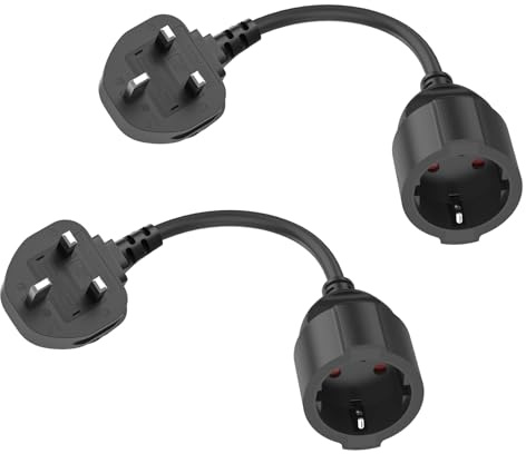 HITRENDS EU to UK Plug Adapter | 25CM Short Cable | With 13A Fused | Converts EU 2-Pin to UK 3-Pin | 250V/13A, 3250W for Power Tools & Appliances, Black 2-Pack