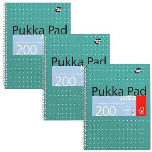 Pukka Pad, A4+ Carnet de note Jotta métallique 1 paquet -23 x 29.7cm - Carnet Spirale avec lignes de 8mm et papier 80GSM -Marges perforées à 4 trous et bords perforés -200 pages, vert LOT DE 3