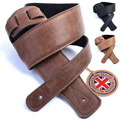 British Handmade Real Leather Guitar Strap: Finest Ultra Soft Italian Nappa Leather, 130cm long Foam Cushion Padded Guitar Belt - Suits Electric, Bass or Acoustic Instruments (inc Semi/Electro)