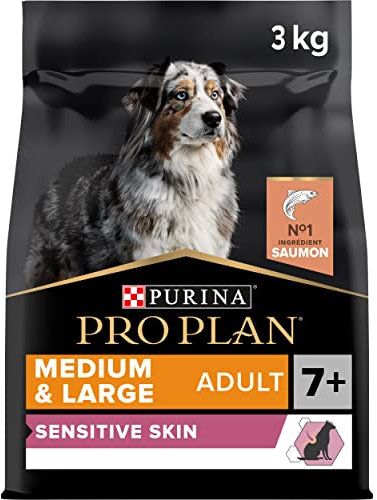 PURINA PRO PLAN | Sensitive Skin | Croquettes complètes pour chiens de moyenne/grande taille de plus de 7ans | Favorise une peau saine, un pelage brillant | Saumon | Croquettes | Sac | Lot de 4 x 3 Kg