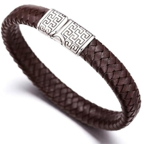 Halukakah ● Solo ● Herren-Armband Handgefertigt | Echtleder in Braun | Kreuzgeflecht | Magnetverschluss mit Griechischer Schlüssel Edelstahl in Silber | mit Geschenkbox | Tolle Geschenkidee | 21.5cm