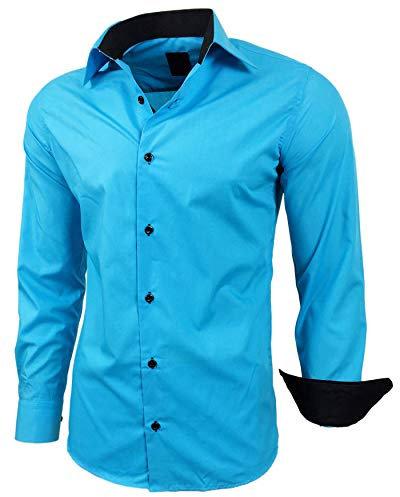 Baxboy Herren-Hemd Slim-Fit Bügelleicht Für Anzug, Business, Hochzeit, Freizeit - Langarm Hemden für Männer Langarmhemd R-44, Farbe:Türkis, Größe:M