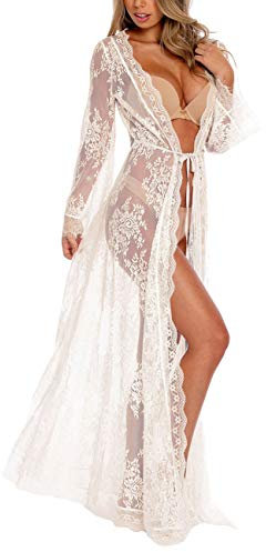 Bsubseach White Lace Long Sleeve Beach Kimono Cover Up for Women Bikini Swimsuit Cover Ups Swimwear Cardigan
