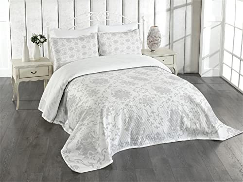 ABAKUHAUS Grau Tagesdecke Set, Damast viktorianisch Böhmisch, Set mit Kissenbezügen Sommerdecke, für Doppelbetten 220 x 220 cm, Grau