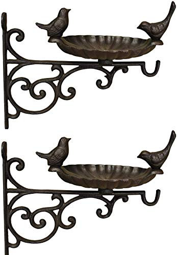 Cast Iron Wall Mounted Hanging Basket Bracket with Bird Feeder Bath Decorative Seed and Nut (Pack of 2)