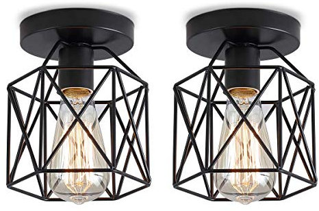 iDEGU 2 Stück Vintage Deckenleuchte Industrielle Deckenlampe Ø15 cm Geometrisches Käfig Design Lampenschirm Mini Deckenleuchte E27 Beleuchtung für Schlafzimmer Küche, Schwarz