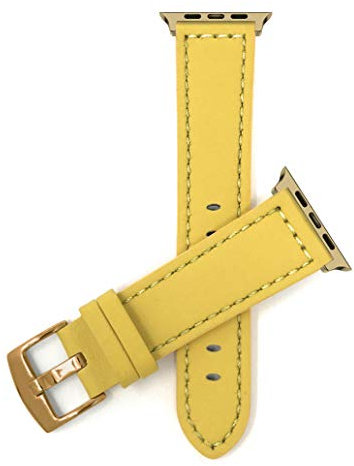 Bandini Leather Replacement Watch Band for Apple Watch Band, Compatible with Apple Watch Series 5, 4, 3, 2, 1 and iWatch Strap - Thick Racer - Yellow/Gold Buckle/Gold Tone Connector - 42mm / 44mm